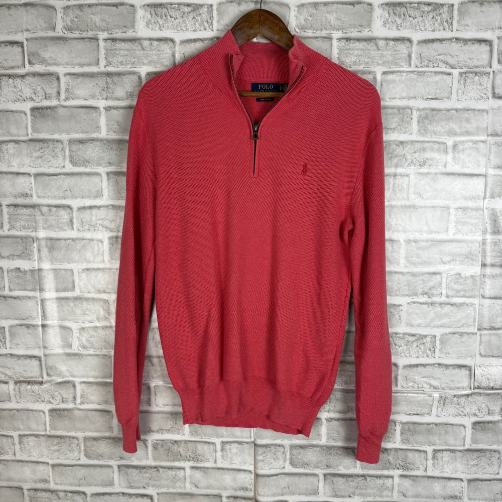 Polo Ralph Lauren Mens Pima Knit Cotton Quarter Zip Sweater Coral Pink Small S